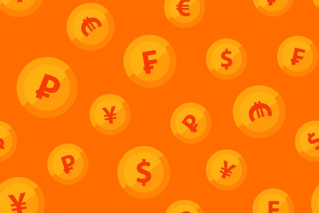 Vector background orange color with golden coins of popular currencies