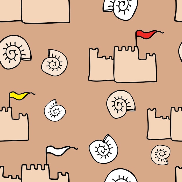 Vector background of sand castles and seashells
