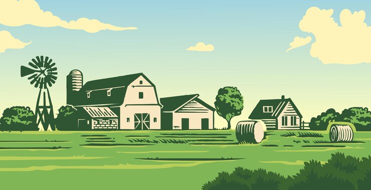 Vector vector background scenery of countryside and plantation with sunny clouds in summer