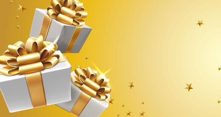 Вектор векторный фон белые подарочные коробки с золотыми лентами и бантами представляют баннер рекламный флаер шаблон желтая стена со звездами и блестками