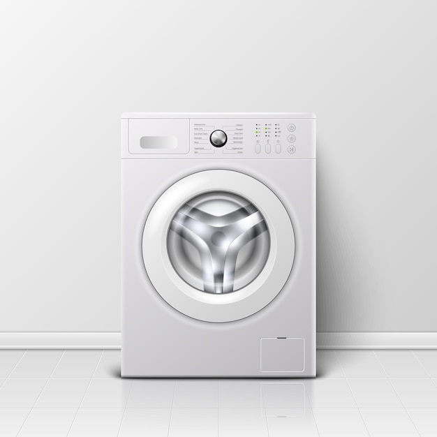 vector background with 3d realistic modern white steel washing machine closeup background design template of wacher front view laundry concept