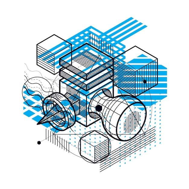 Vector background with abstract isometric lines and figures. Template made with cubes, hexagons, squares, rectangles and different abstract elements.