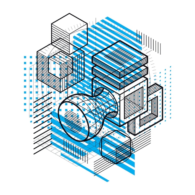 Vector background with abstract isometric lines and figures. Template made with cubes, hexagons, squares, rectangles and different abstract elements.