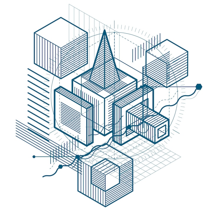 Vector vector background with abstract isometric lines and figures. template made with cubes, hexagons, squares, rectangles and different abstract elements.