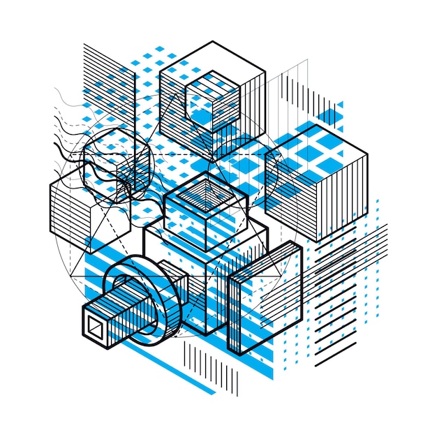 Vector background with abstract isometric lines and figures. Template made with cubes, hexagons, squares, rectangles and different abstract elements.