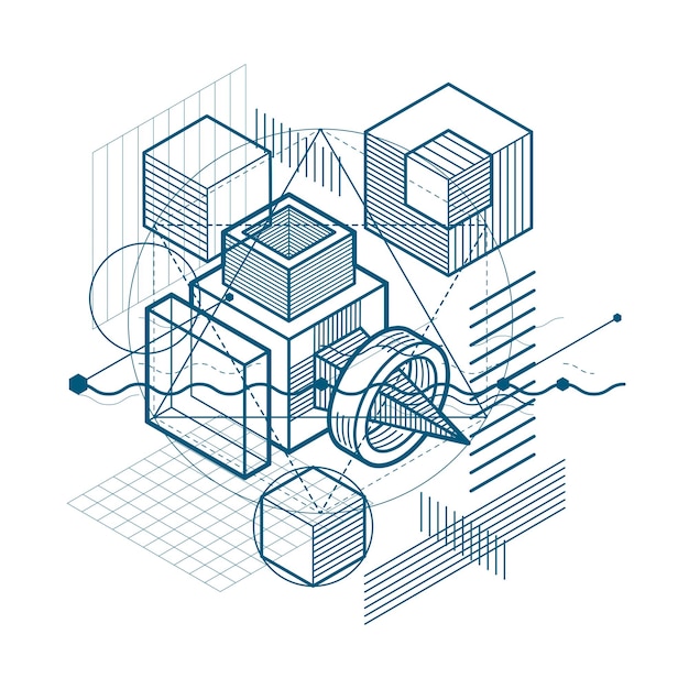 Vector background with abstract isometric lines and figures. Template made with cubes, hexagons, squares, rectangles and different abstract elements.