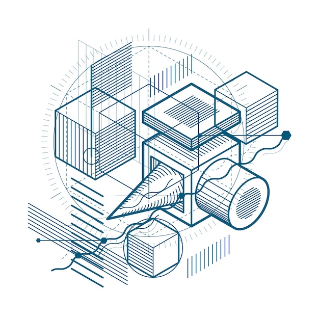 Vector vector background with abstract isometric lines and figures. template made with cubes, hexagons, squares, rectangles and different abstract elements.