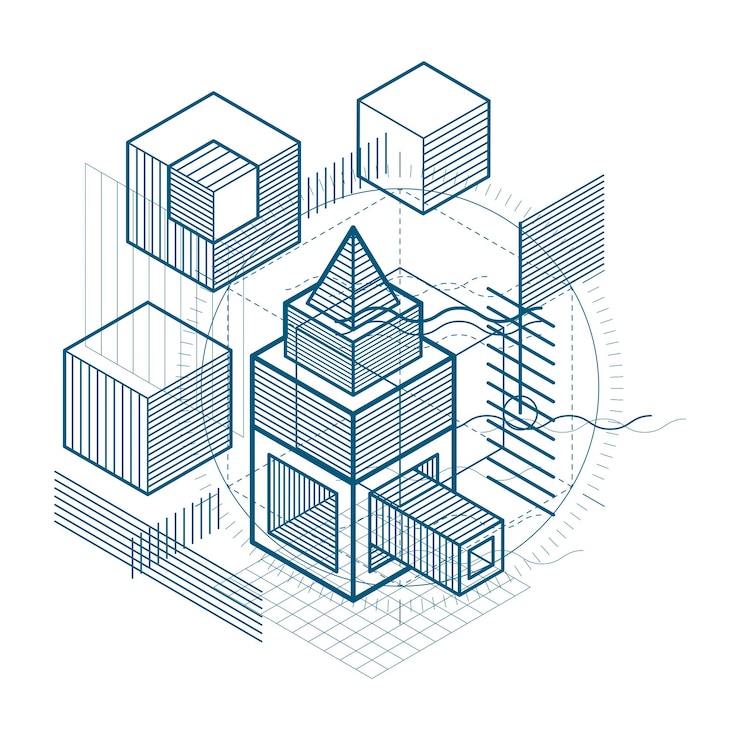 Vector vector background with abstract isometric lines and figures. template made with cubes, hexagons, squares, rectangles and different abstract elements.