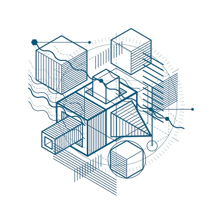 Vector vector background with abstract isometric lines and figures. template made with cubes, hexagons, squares, rectangles and different abstract elements.