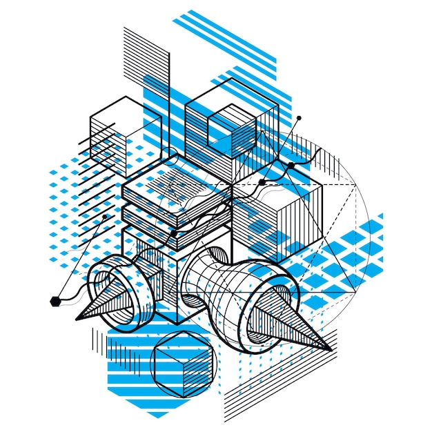 Vector vector background with abstract isometric lines and figures. template made with cubes, hexagons, squares, rectangles and different abstract elements.