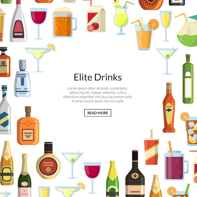 Vector vector background with alcoholic drinks in glasses and bottles gathered around empty center with place for text illustration