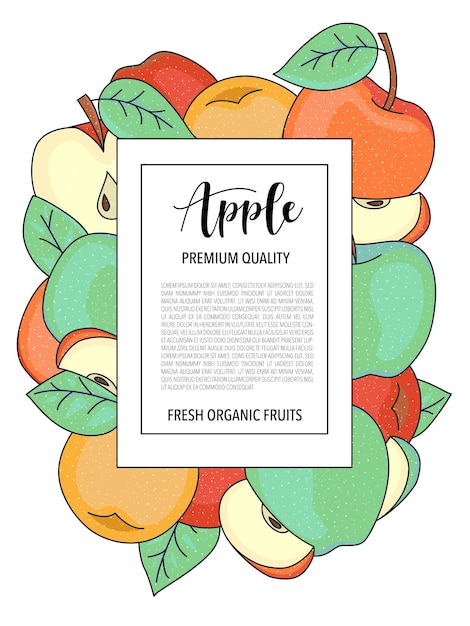 Vector background with apple whole and pieces Card design with fruits