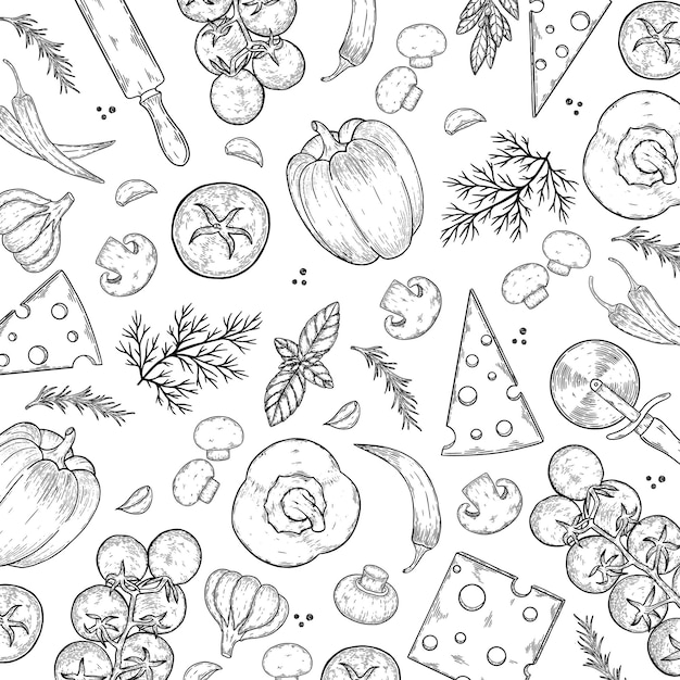 Vector background with cheese tomato pepper thyme basil garlic mushrooms onion