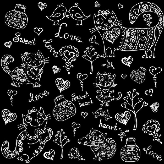 vector background with different cute animals objects and hearts on black