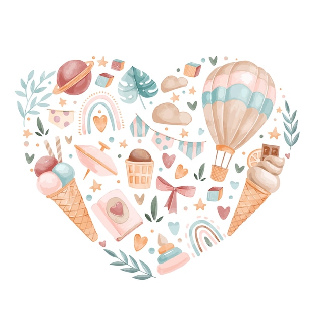 Vector background with kids elements in a heart shape in watercolor style used for wallpaper photo