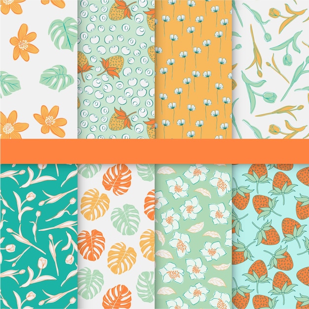 Vector background with monstera leaves, palm trees, flowers, and branches. Travel pattern set