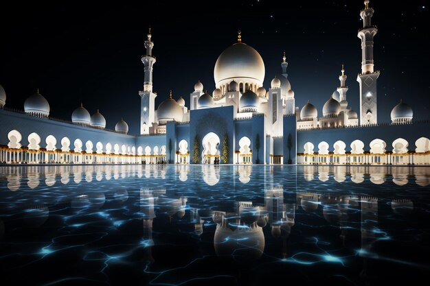 Vector vector background with night city illuminated with neon glowing lights muslim culture arabic