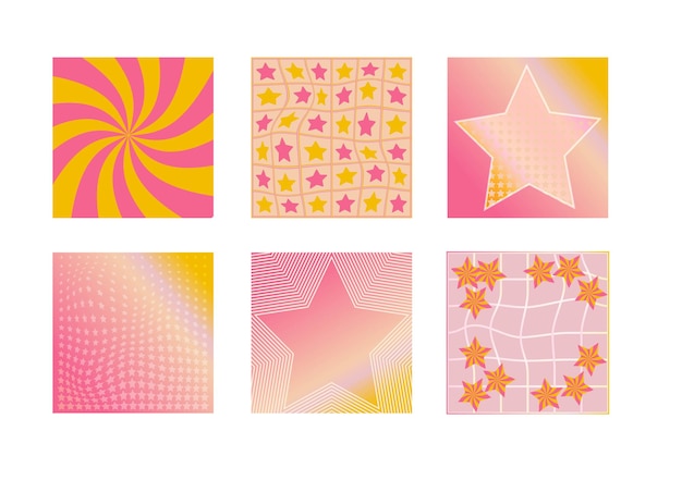 Vector backgrounds in groovy psychedelic style with y2k stars for social media posts and stories