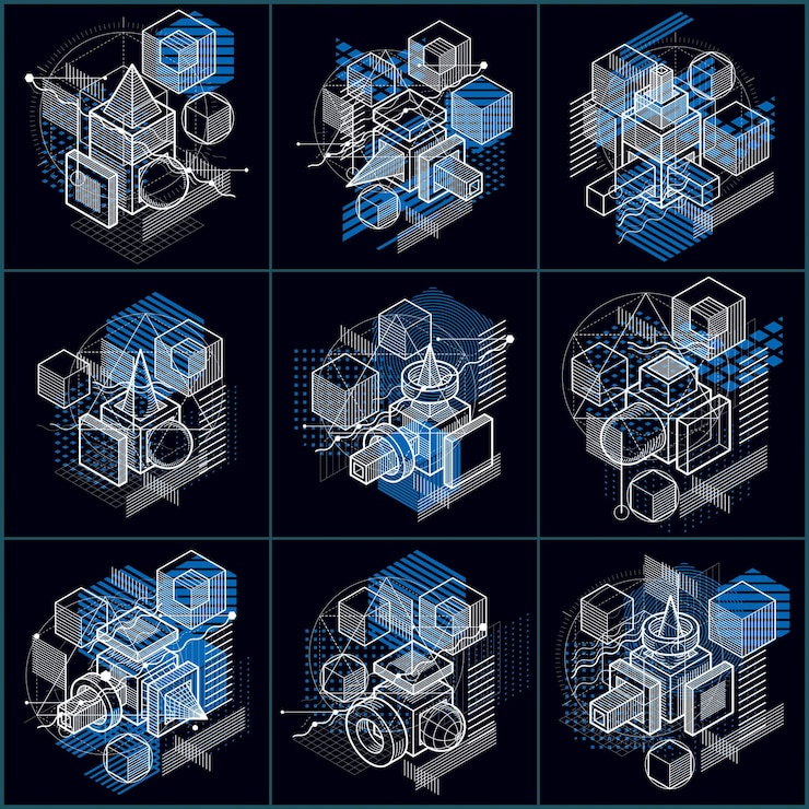 Vector vector backgrounds with abstract isometric lines and figures. templates made with cubes, hexagons, squares, rectangles and different abstract elements. vector set.