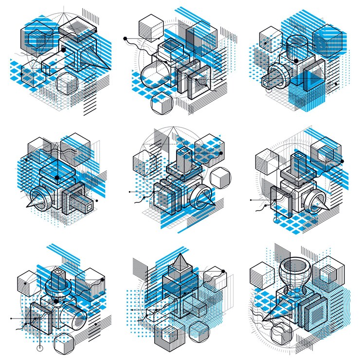 Vector vector backgrounds with abstract isometric lines and figures. templates made with cubes, hexagons, squares, rectangles and different abstract elements. vector set.