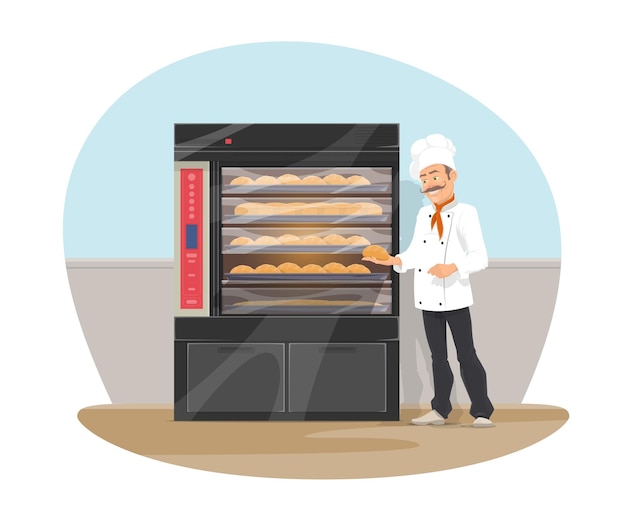 Vector bakery and baker at shop flat design