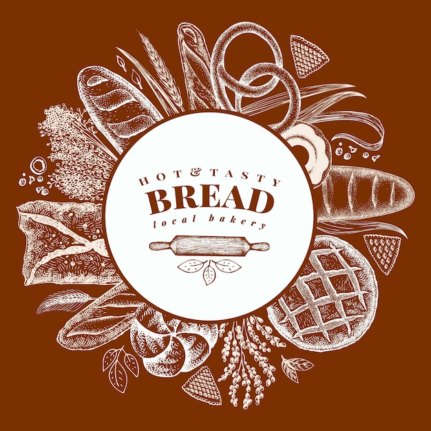 Vector bakery hand drawn illustration. background with bread and pastry.