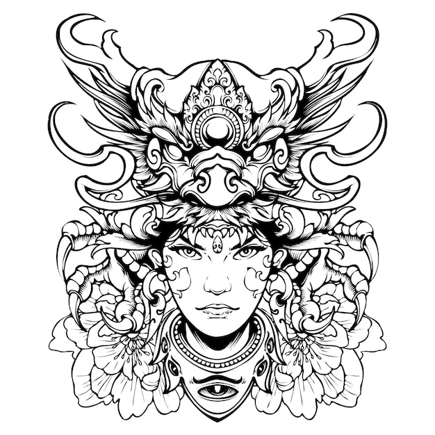 vector balinese girl with dragon mask on it