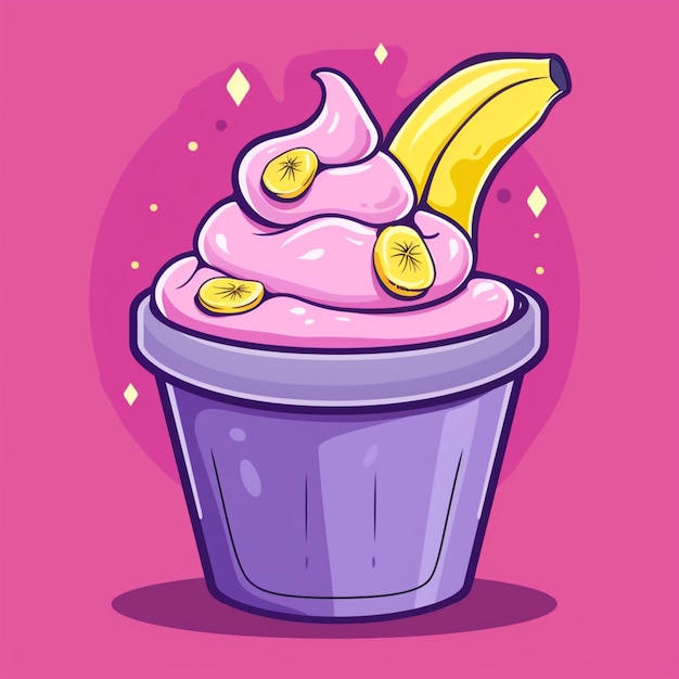 Vector vector banana ice cream in purple cup sweet food flat icon frozen dessert with fruit pieces natural