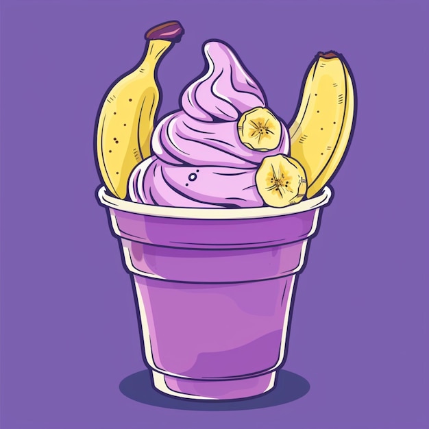 Vector banana ice cream in purple cup sweet food flat icon frozen dessert with fruit pieces natural