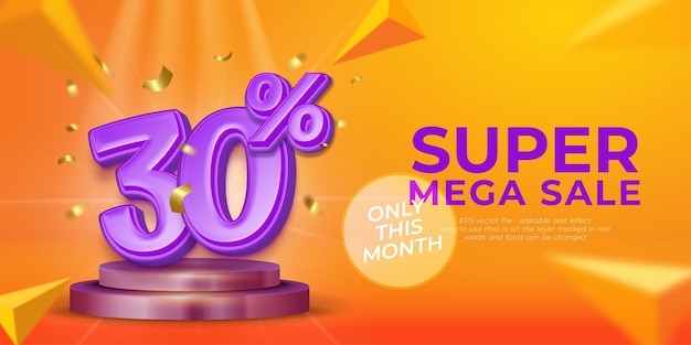 Vector banner 30 percent off discount sale podium with 3D style editable text effect