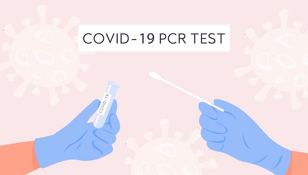 벡터 배너 Covid Pcr 테스트 비강 면봉 실험실 분석. 면봉 튜브를 들고 장갑에 의사 손