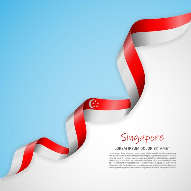흰색과 파란색의 벡터 배너와 브로셔, 로고를 위한 싱가포르 국기와 함께 리본을 흔드는