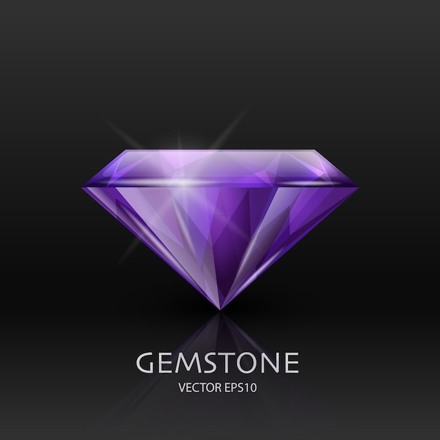 Vector banner met 3d-realistische paarse transparante edelsteen diamant kristal steentjes close-up op zwart jewerly concept ontwerp sjabloon clipart zijaanzicht