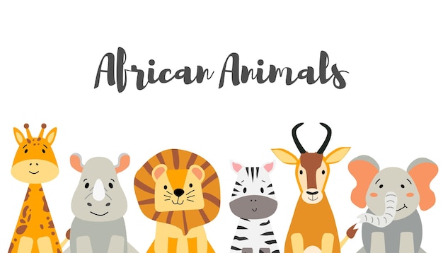 Vector banner met schattige Afrikaanse dieren Zebra olifant leeuw giraffe antilope en neushoorn