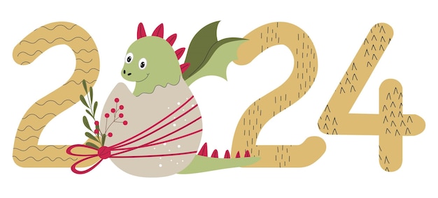 Vector banner new year 2024 with cute baby dragon in the egg instead of zero Numbers with texture