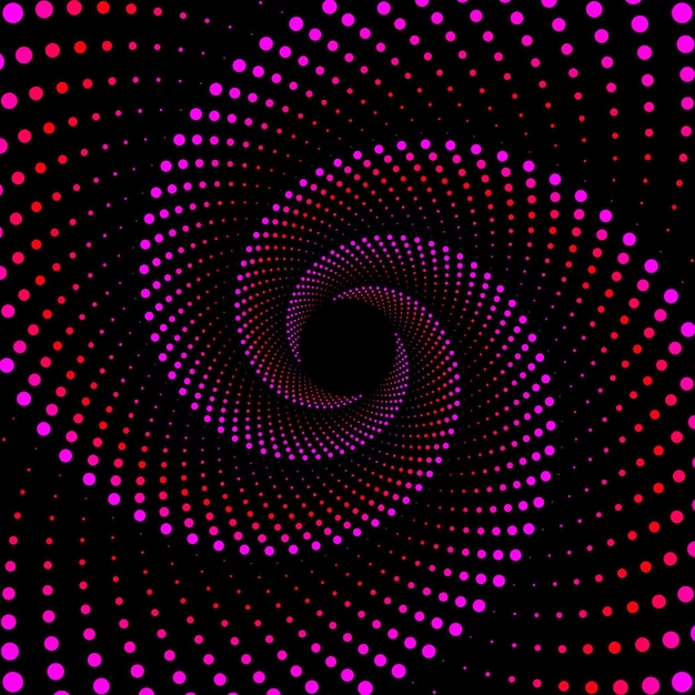 Vector banner of pink and red swirl pattern dots. Abstract dotted spiral vortex background.