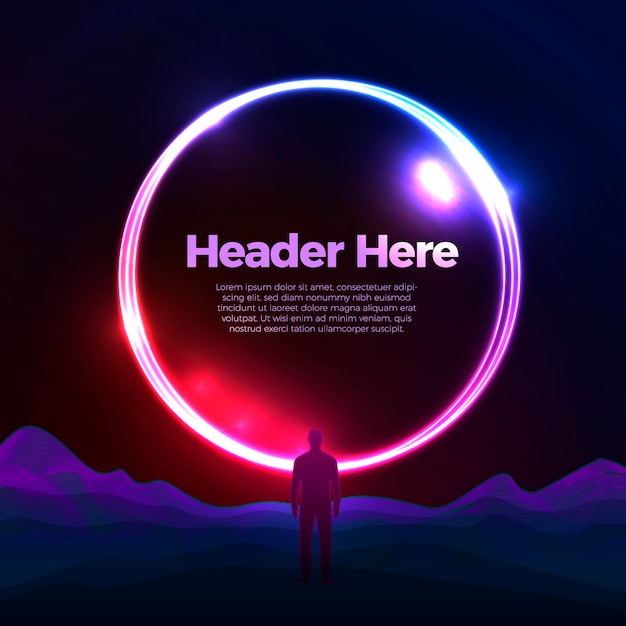 vector banner poster design template with bright circle portal over the mountains with a man
