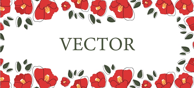 Vector banner of red Japanese camellia Floral design Cartoon bright Asian flowers and leaves