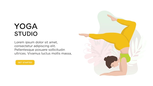 Banner vettoriale o modello di schermo per il sito web della scuola o lo studio di yoga con donna asiatica plus size in posizioni yoga. sport e salute corpo concetto positivo. banner luminoso con la pratica dello yoga