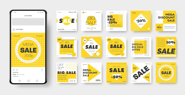 Vector banner template with yellow, black and white geometric patterns, square, circle, rhombus and cross for discounts and mega sales. post layout for advertising on social media and an online store