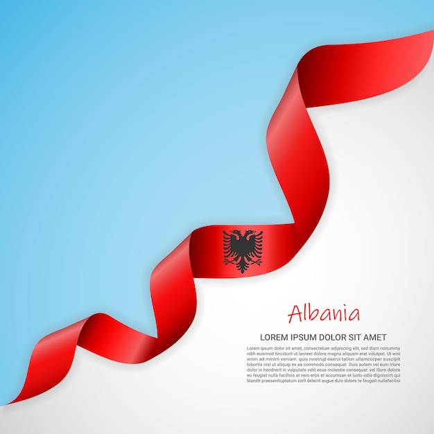Vector banner in white and blue colors and waving ribbon with flag of Albania for brochures, logos