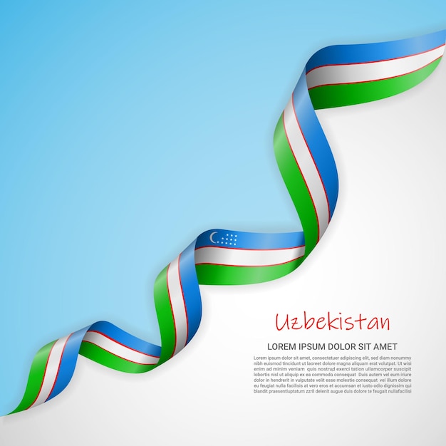 Vector banner in white and blue colors and waving ribbon with flag of Uzbekistan for brochures, logo