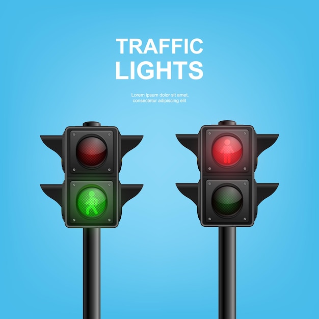 Vector Banner with 3d Realistic Detailed Road Pedestrian Traffic Lights on Blue Background Safety Rules Concept Design Templete Stoplight Traffic Lights Template