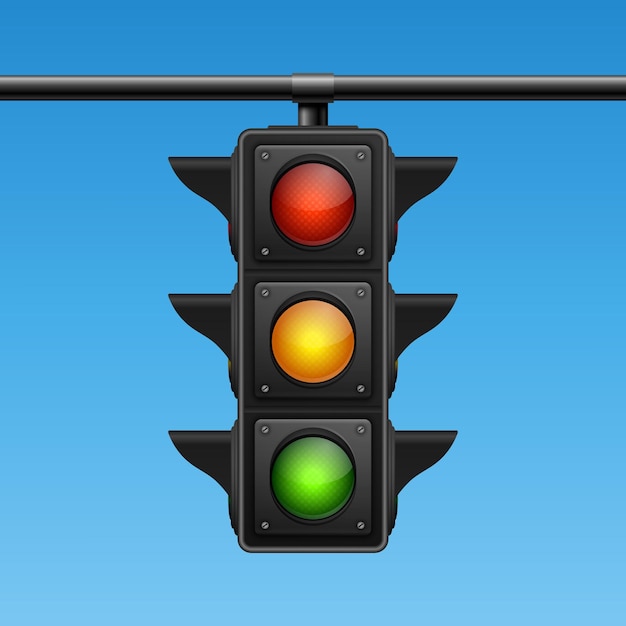 Vector Banner with 3d Realistic Detailed Road Traffic Lights on Blu Sky Background Safety Rules Concept Design Templete Stoplight Traffic Lights Template