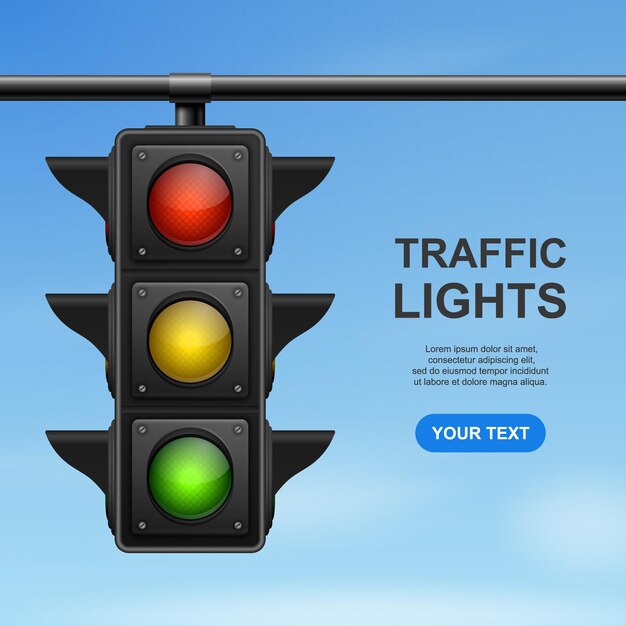 ベクトル 青い空を背景に 3 d の現実的な詳細な道路交通信号とベクター バナー安全ルール コンセプト デザイン テンプレート ストップライト トラフィック ライト テンプレート