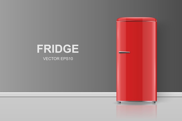 Vector vector banner with 3d realistic red retro vintage fridge isolated vertical simple refrigerator closed fridge design template mockup of fridge front view