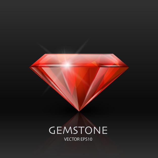 Vector Banner with 3d Realistic Red Transparent Gemstone Diamond Crystal Rhinestones Closeup on Black Jewerly Concept Design Template Clipart Side View