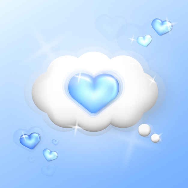 Vector banner with 3d white fluffy chat bubble with soft blue valentine hearts. Glossy speech cloud