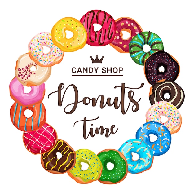 Vector banner with bright and appetizing donuts on a white isolated background