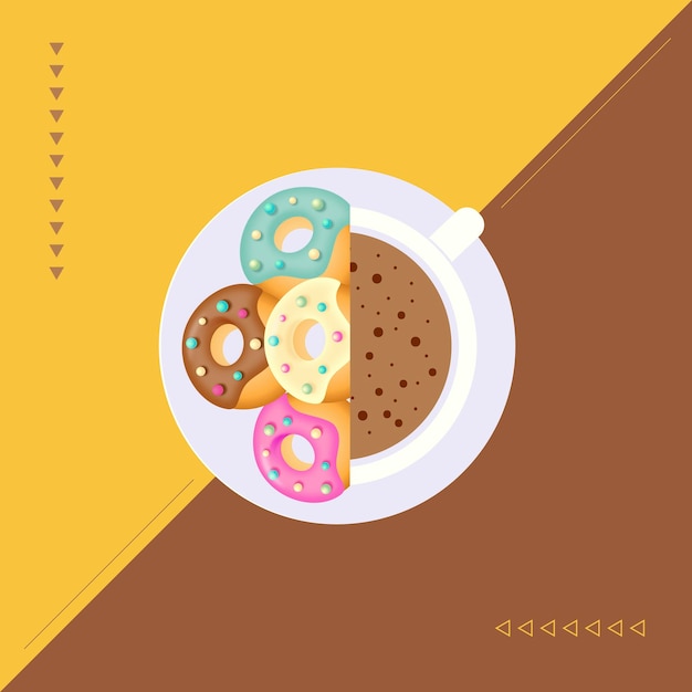 Vector banner with a combination of donuts and cup of coffee and with memphis style elements